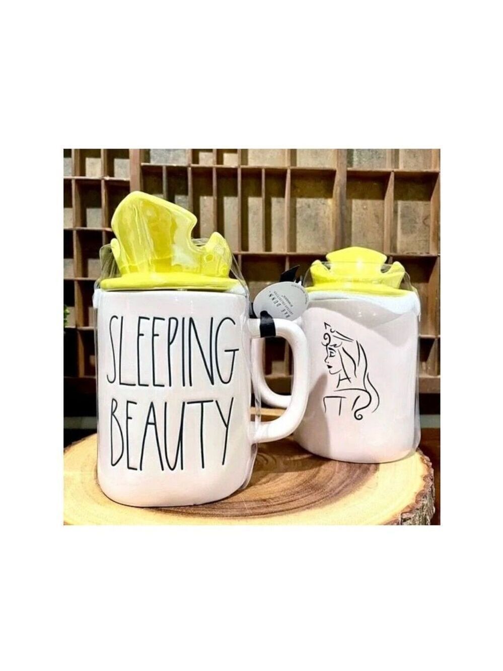 NWT Rae Dunn Disney Sleeping Beauty Yellow Iridescent Crown Topper Lid Mug